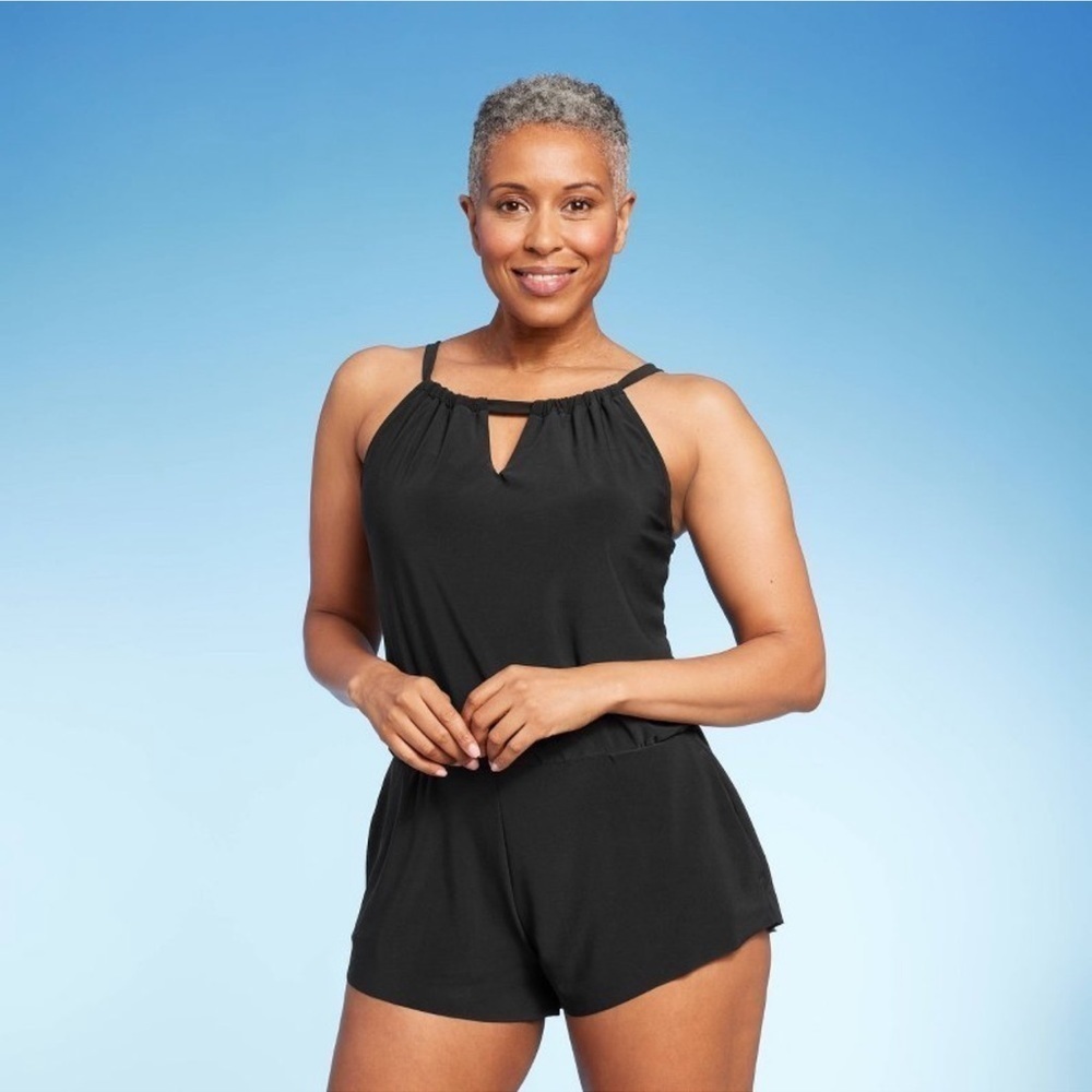 AQUA GREEN Black One Piece Swim Romper
